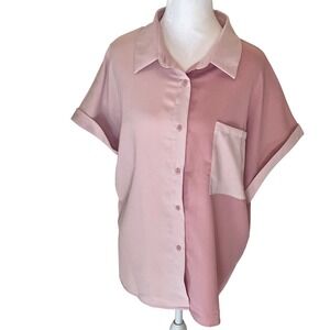 Two Tone Pink Short Sleeve Button Down Shirt Pocket
